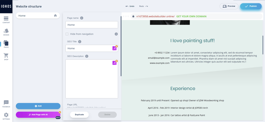 IONOS SEO editing options