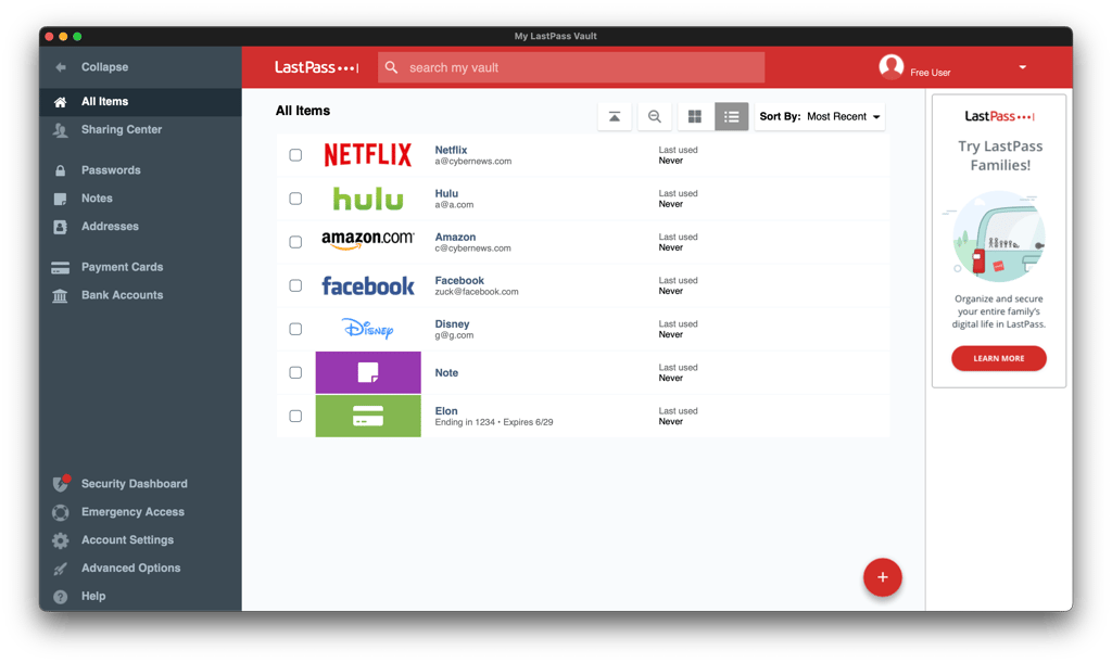 LastPass desktop app homescreen