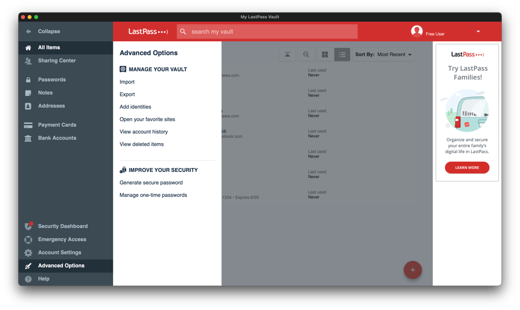 LastPass vault management options