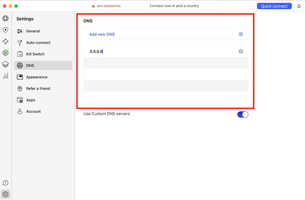 Custom DNS settings on NordVPN