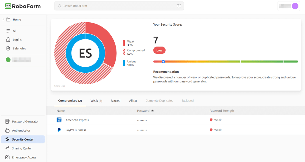 roboform password manager security center