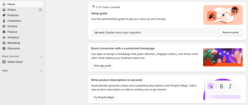 shopify main dashboard