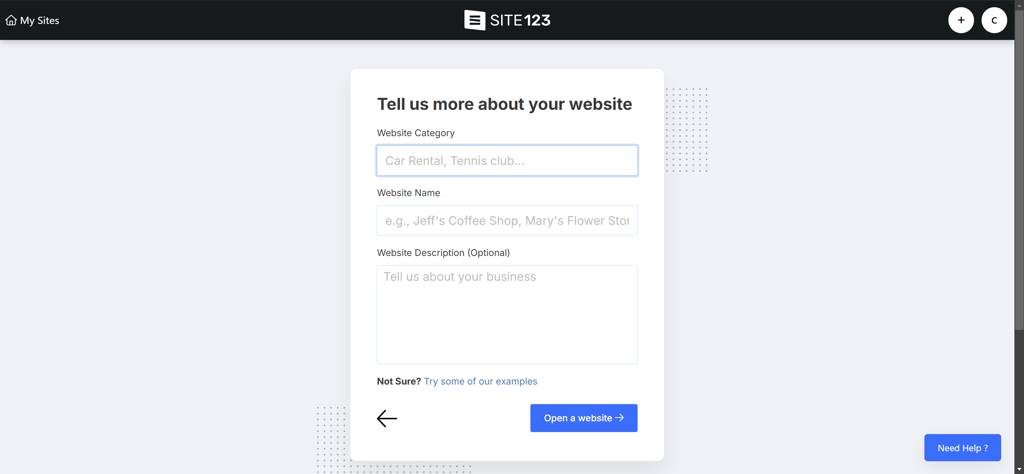 SITE123 website creation prompt