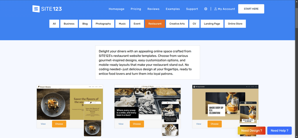 SITE123 restaurant-themed templates