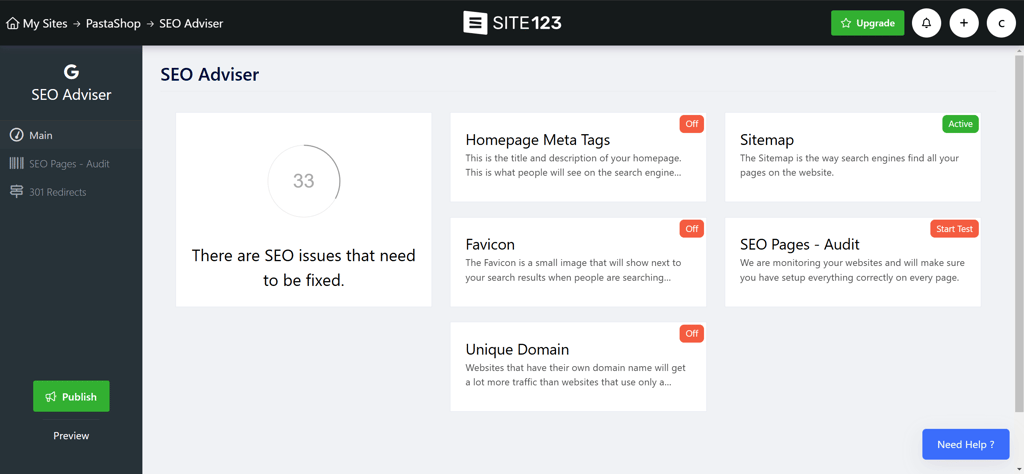 SITE123 SEO adviser and features