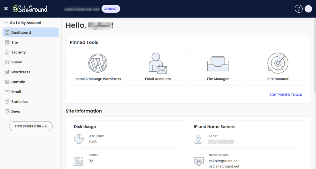 SiteGround cloud hosting dashboard