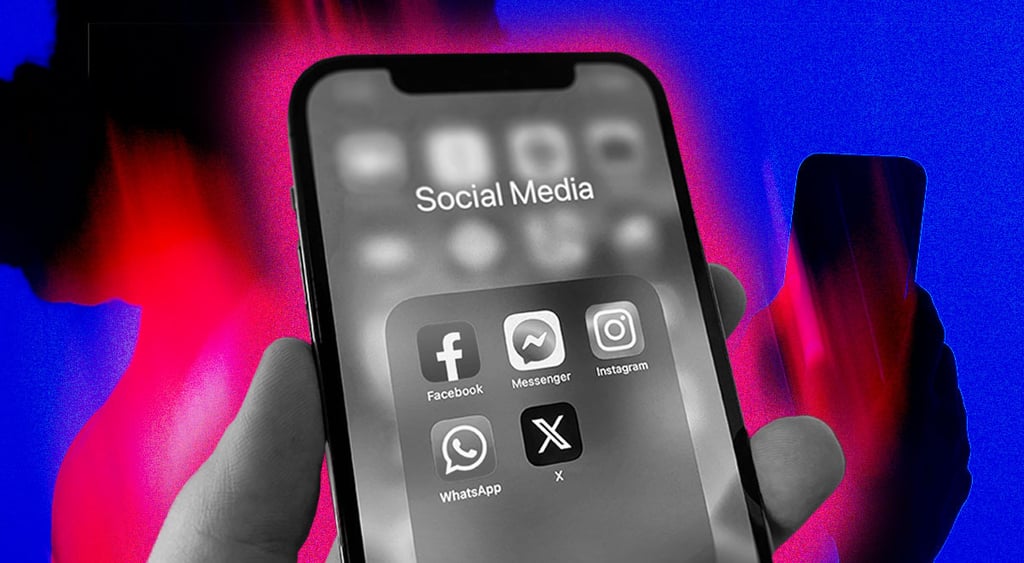 A phone with social media apps, under a colorful scrutiny.