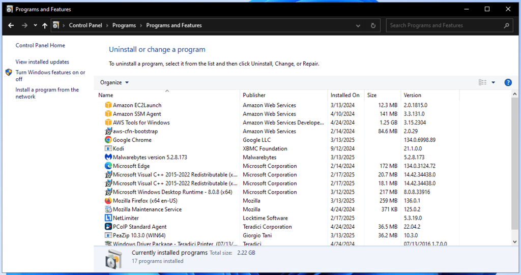 windows programs and features