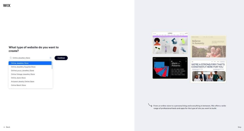 Choosing the type of website on Wix