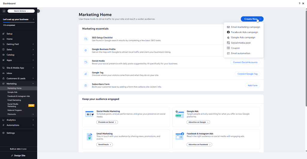 Marketing options with Wix platform
