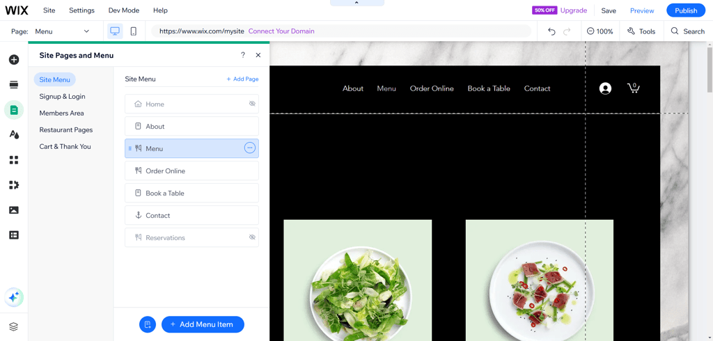 Wix menu creation and editing