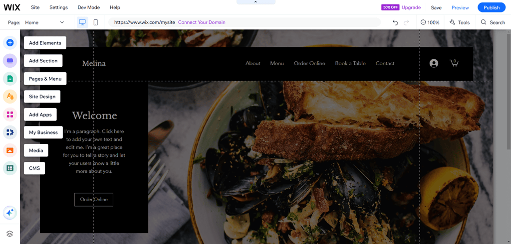 Wix page editor with features
