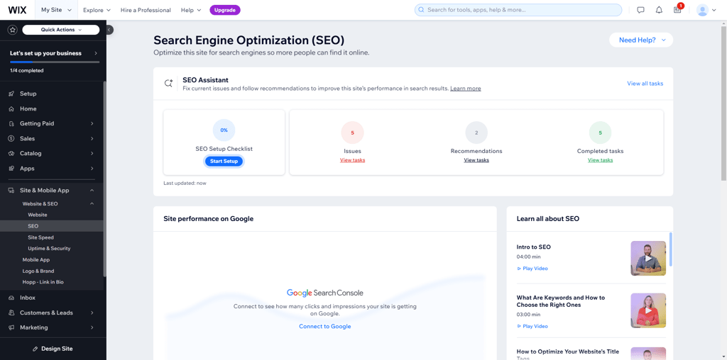 Wix search engine optimization dashboard