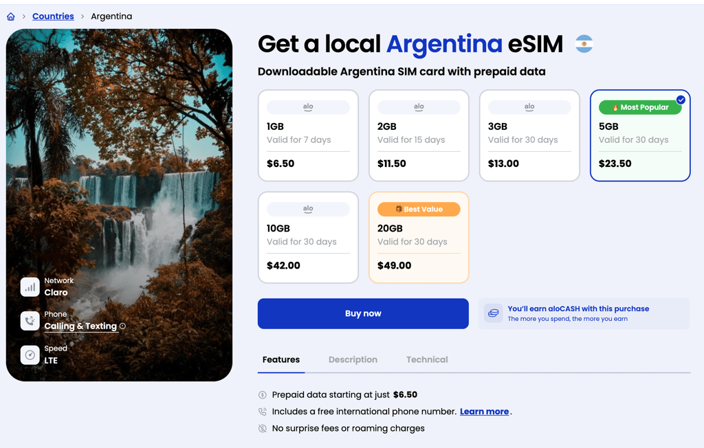 aloSIM’s eSIM data plans for Argentina