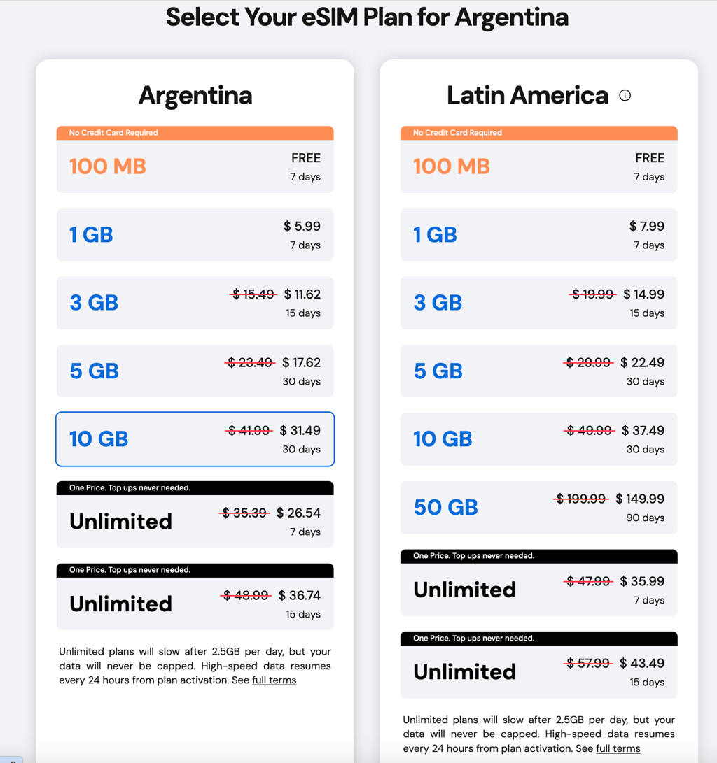 GigSky’s eSIM data plans for Argentina