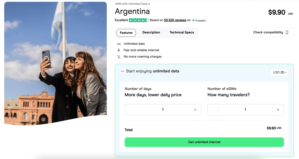 Holafly’s eSIM data plans for Argentina