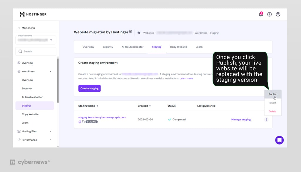 Hostinger WordPress publish Staging environment