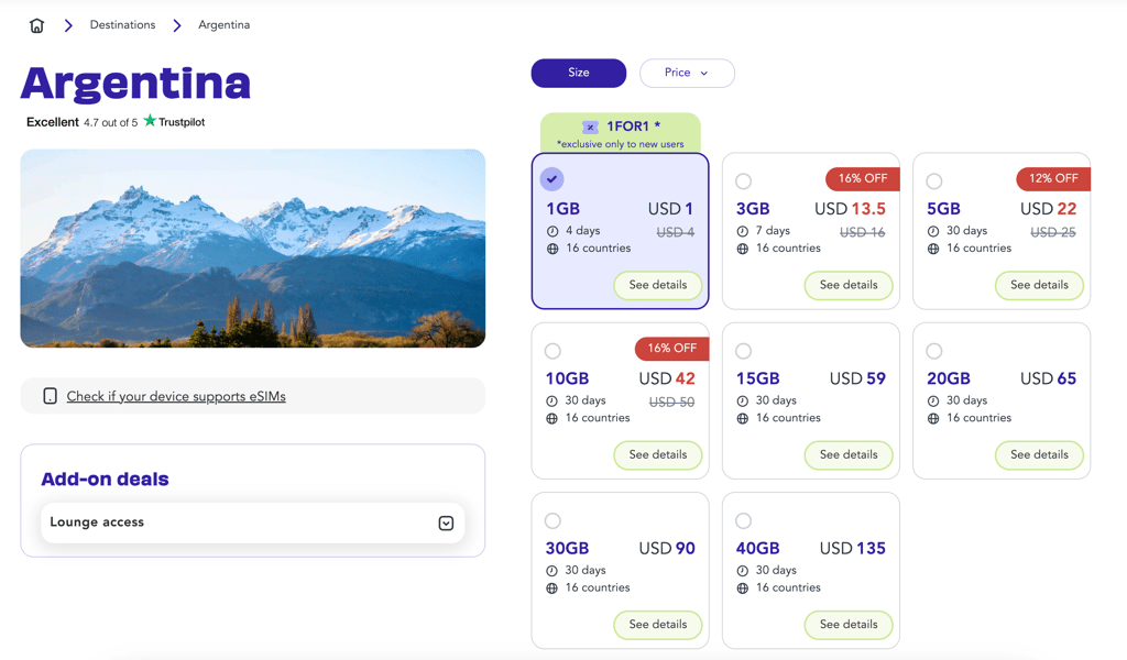 Jetpac’s eSIM data plans for Argentina