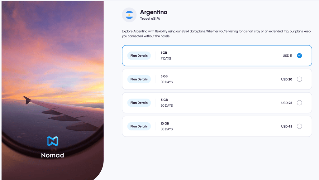 Nomad’s eSIM data plans for Argentina