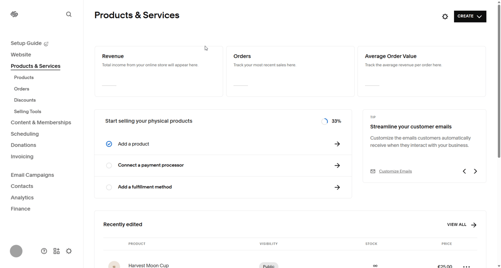 Squarespace Products & Services section