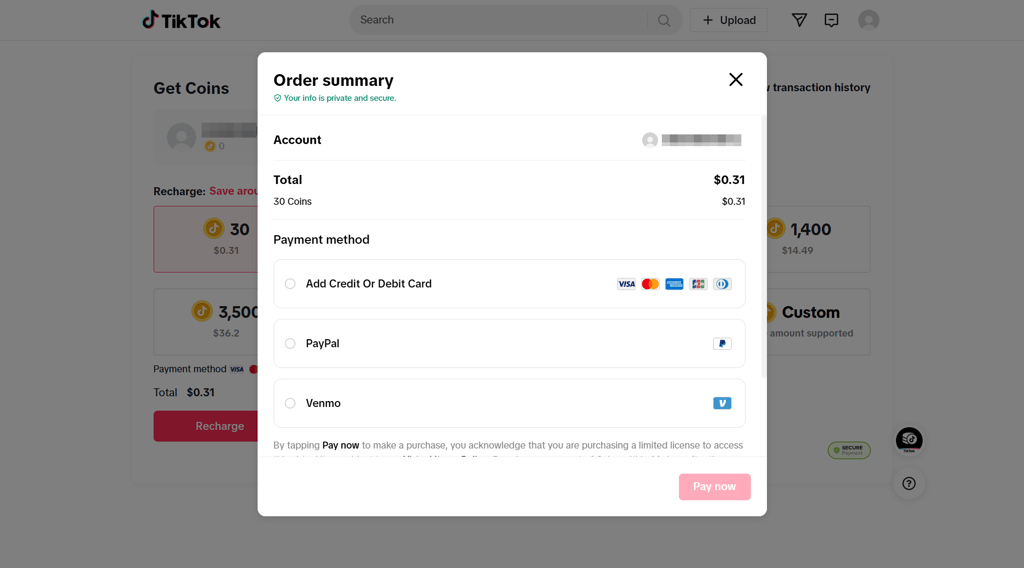 TikTok Coin order summary
