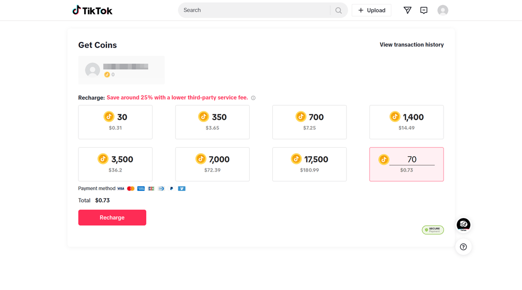 TikTok the amount of Coins