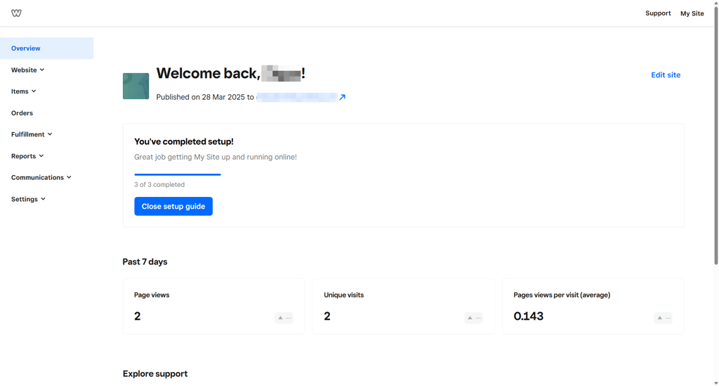Weebly dashboard with eCommerce tools