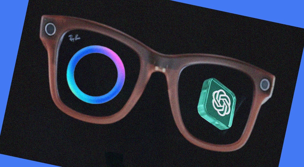 A pair of Ray-ban glasses featuring the Meta and ChatGPT logos in the lenses.