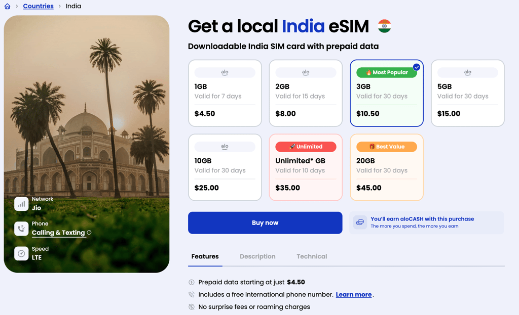 aloSIM eSIM plans for India