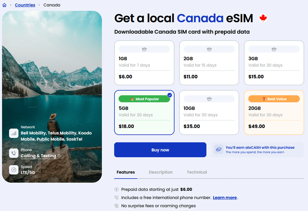 aloSIM eSIM plans for Canada