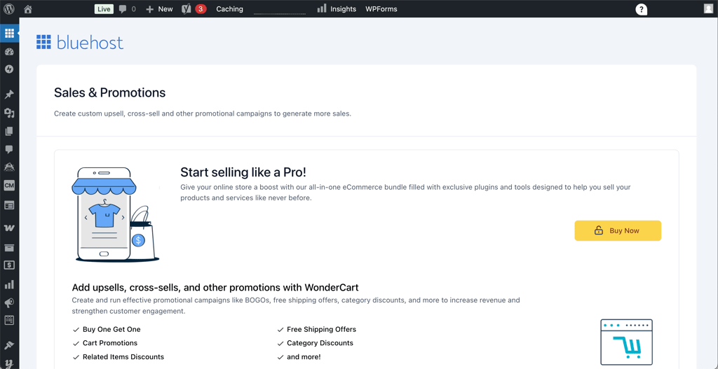 Bluehost WonderSuite WonderCart sales and promotions section