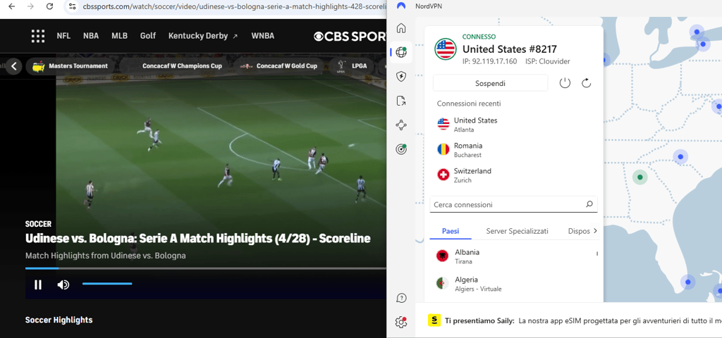 Udinese vs Bologna with VPN active