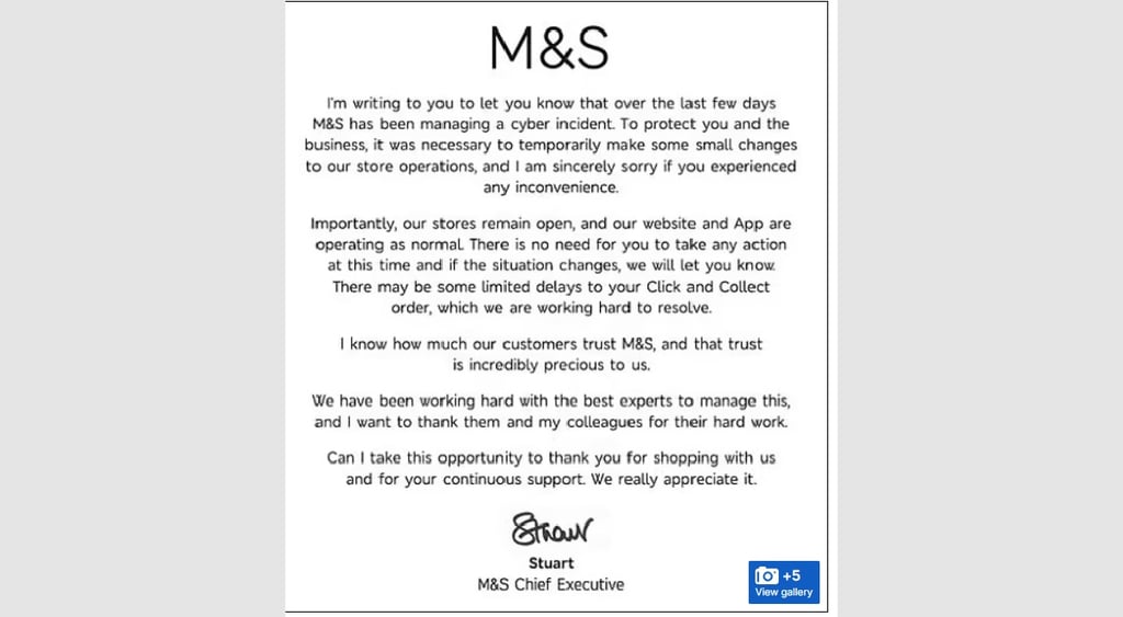 Marks & Spencer CEO cyber incident statement