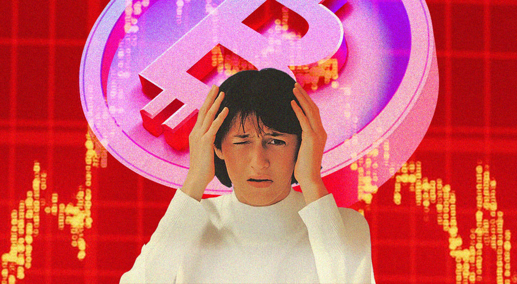 Women shocked expression bitcoin symbol in the background