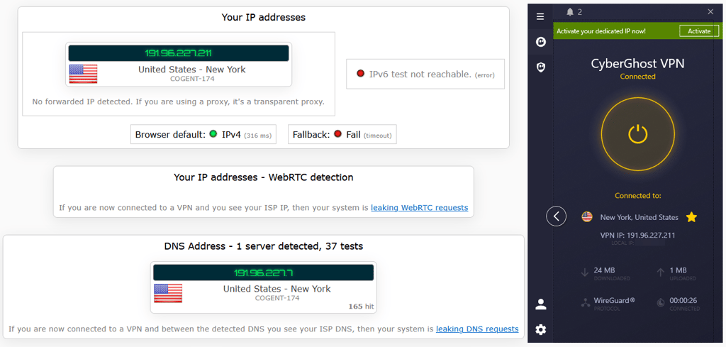 CyberGhost VPN leak test