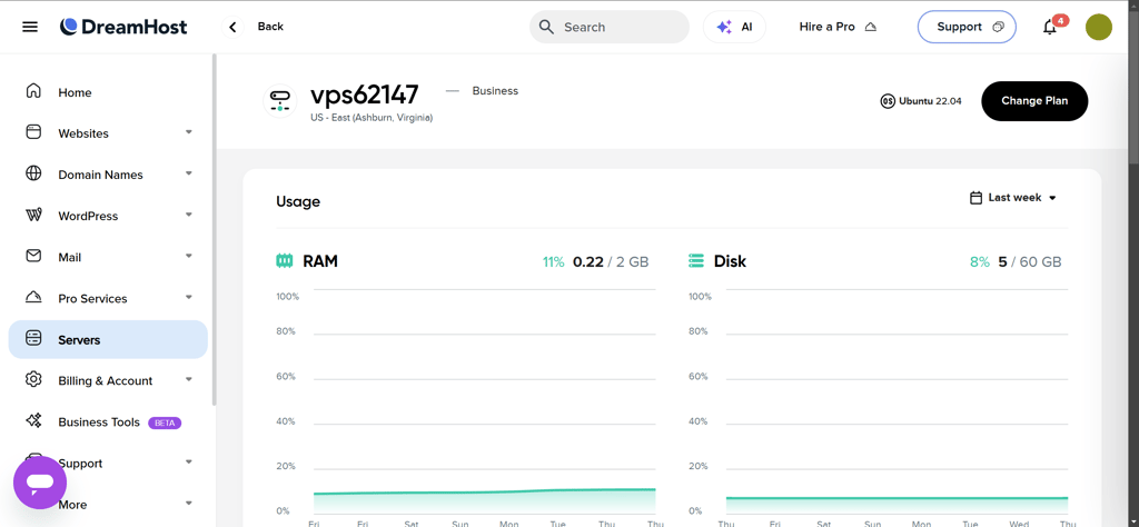 DreamHost VPS dashboard