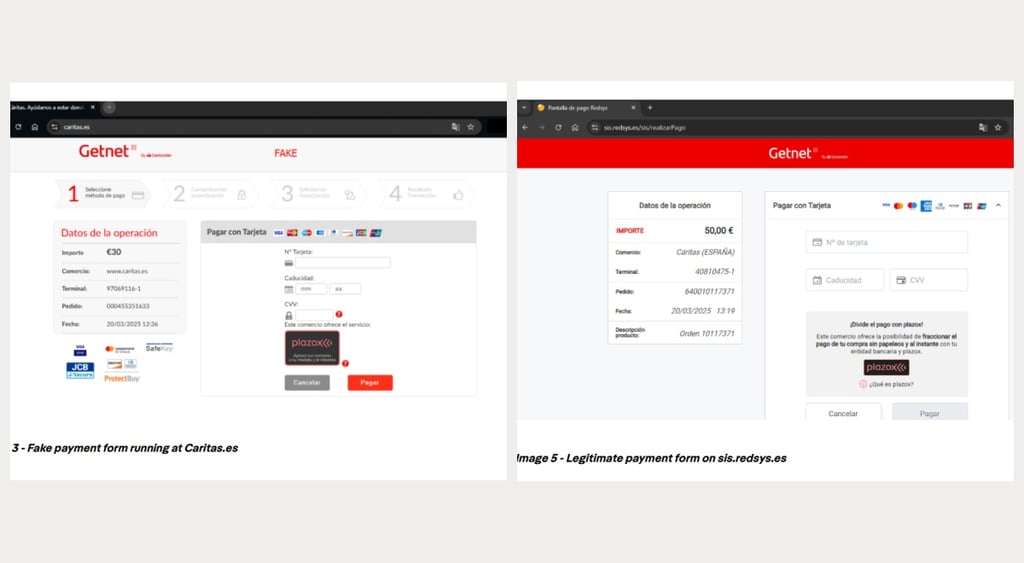 Caritas fake and real payment pages