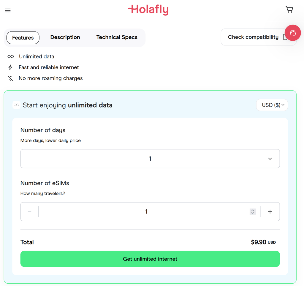 Holafly unlimited data plan