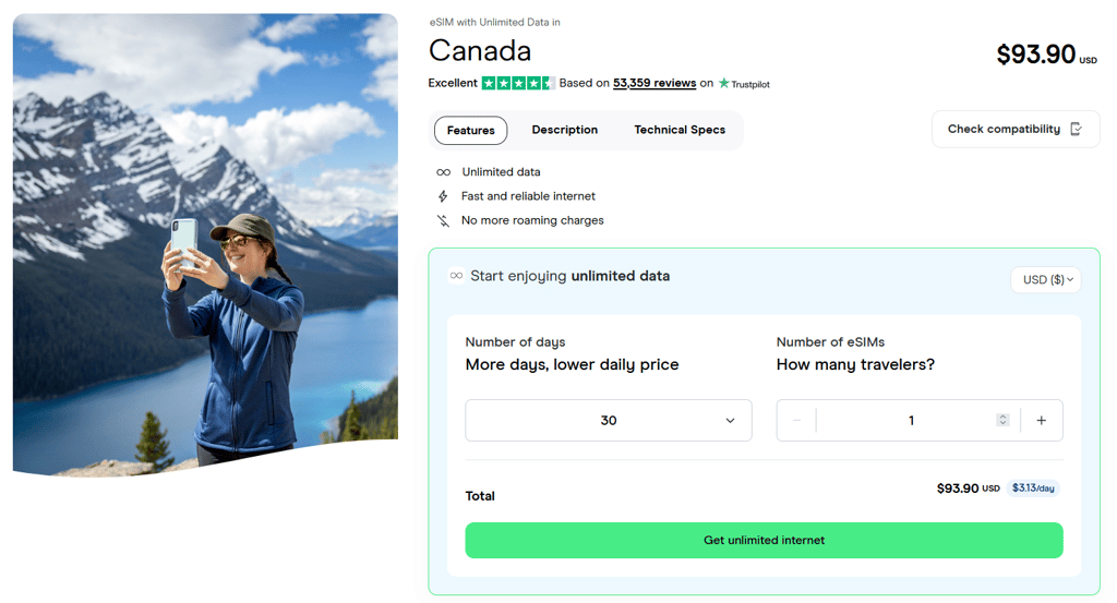 Holafly eSIM plans for Canada