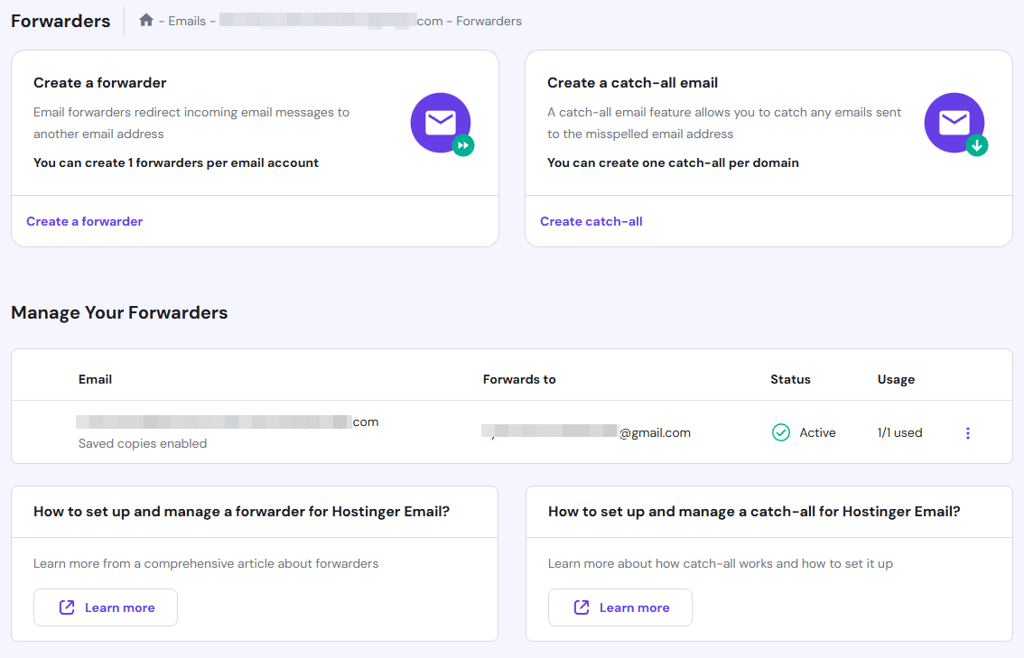 Hostinger email forwarder settings