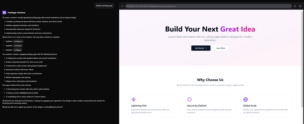 Hostinger Horizons interface