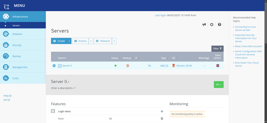 IONOS VPS dashboard