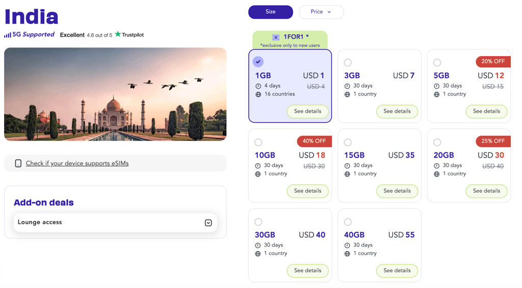 Jetpac eSIM plans for India