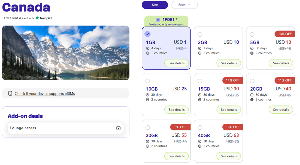 Jetpac eSIM plans for Canada