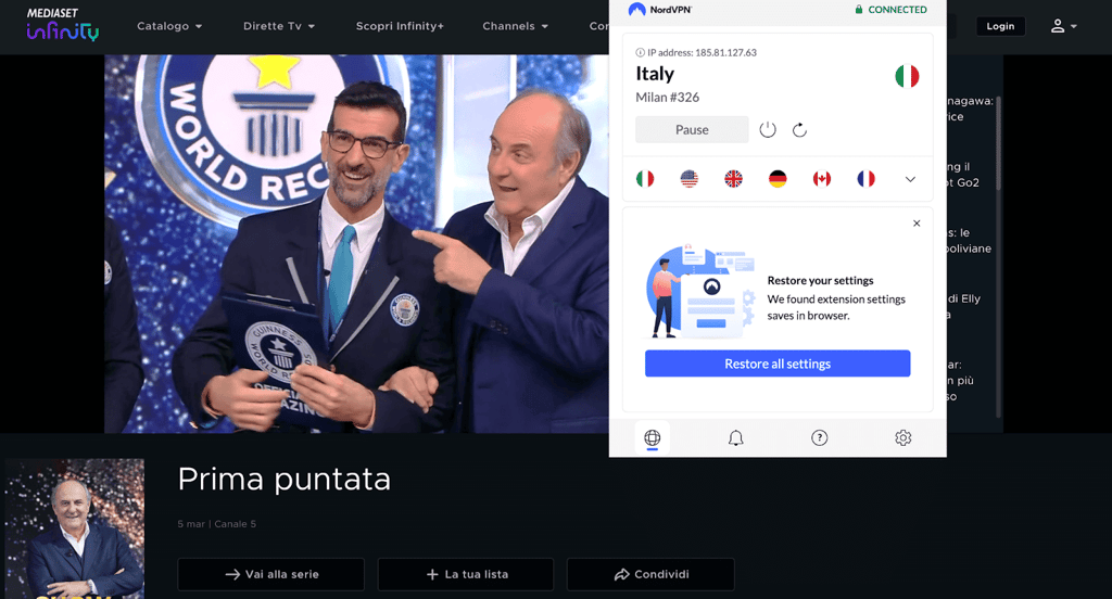 mediaset nordvpn italy server