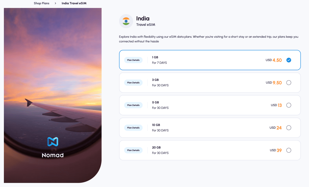 Nomad eSIM plans for India
