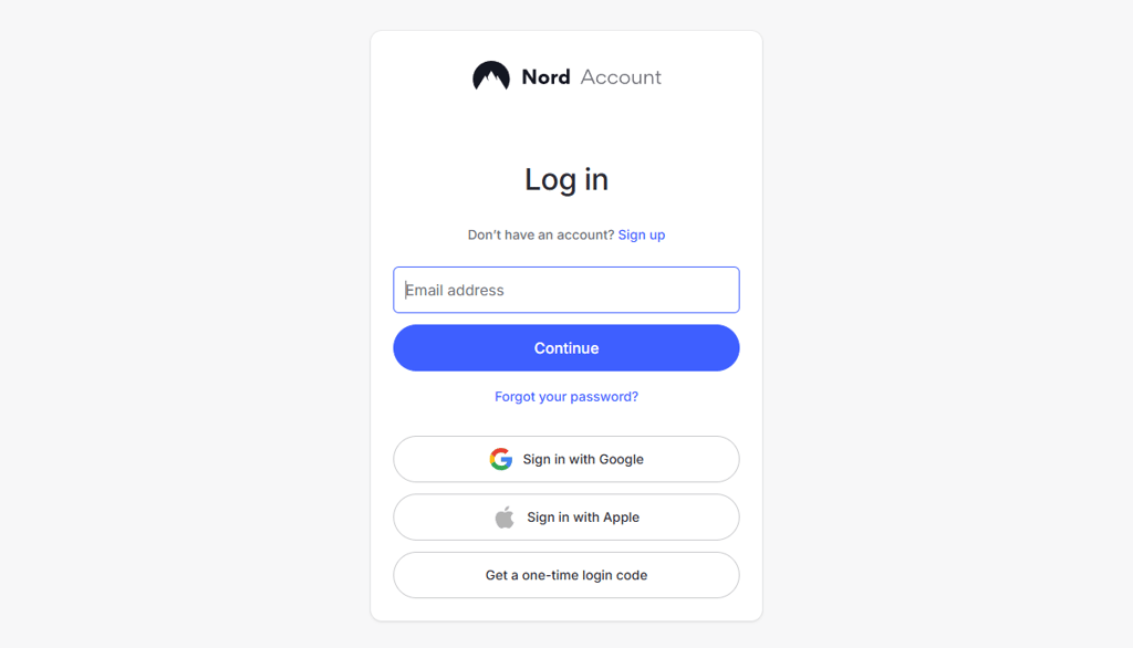 NordVPN login page