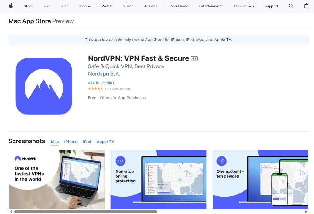 NordVPN iOS app download page, new