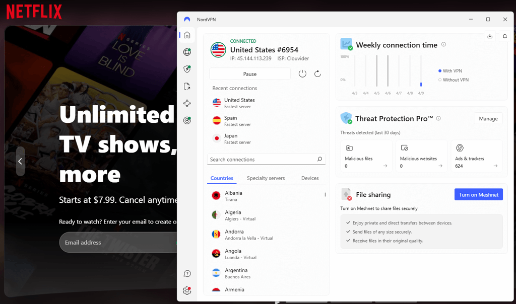 NordVPN connected to US server for Netflix in China