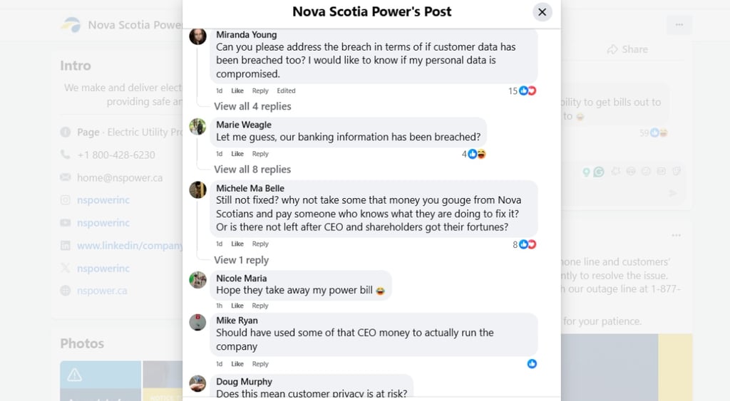 Nova Scotia Power cyberattack facebook comments